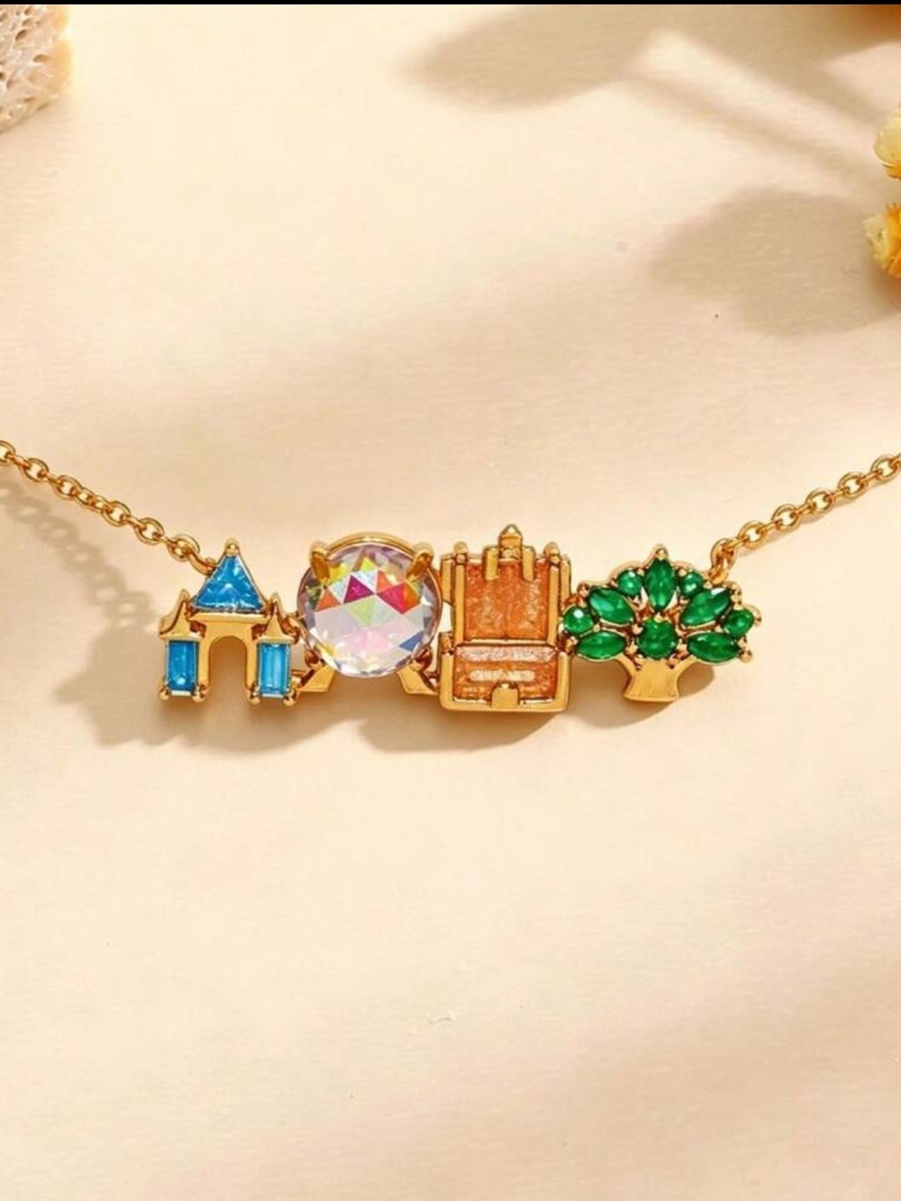 Disney Four Iconic Theme Parks Charm Necklace with Blue, Aurora & Emerald CZ